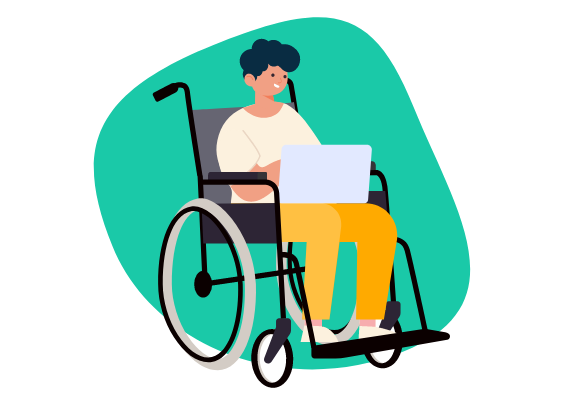 Illustration d’un jeune homme en fauteuil roulant consultant son ordinateur portable